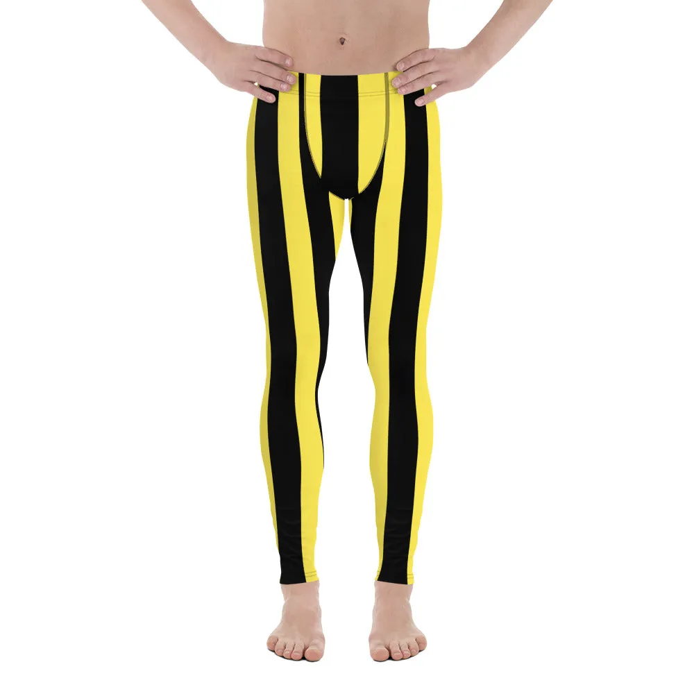 Black Yellow Stripes Men's Leggings, Colorful Patterned Designer Best Men's Leggings - Made in USA/EU/MX