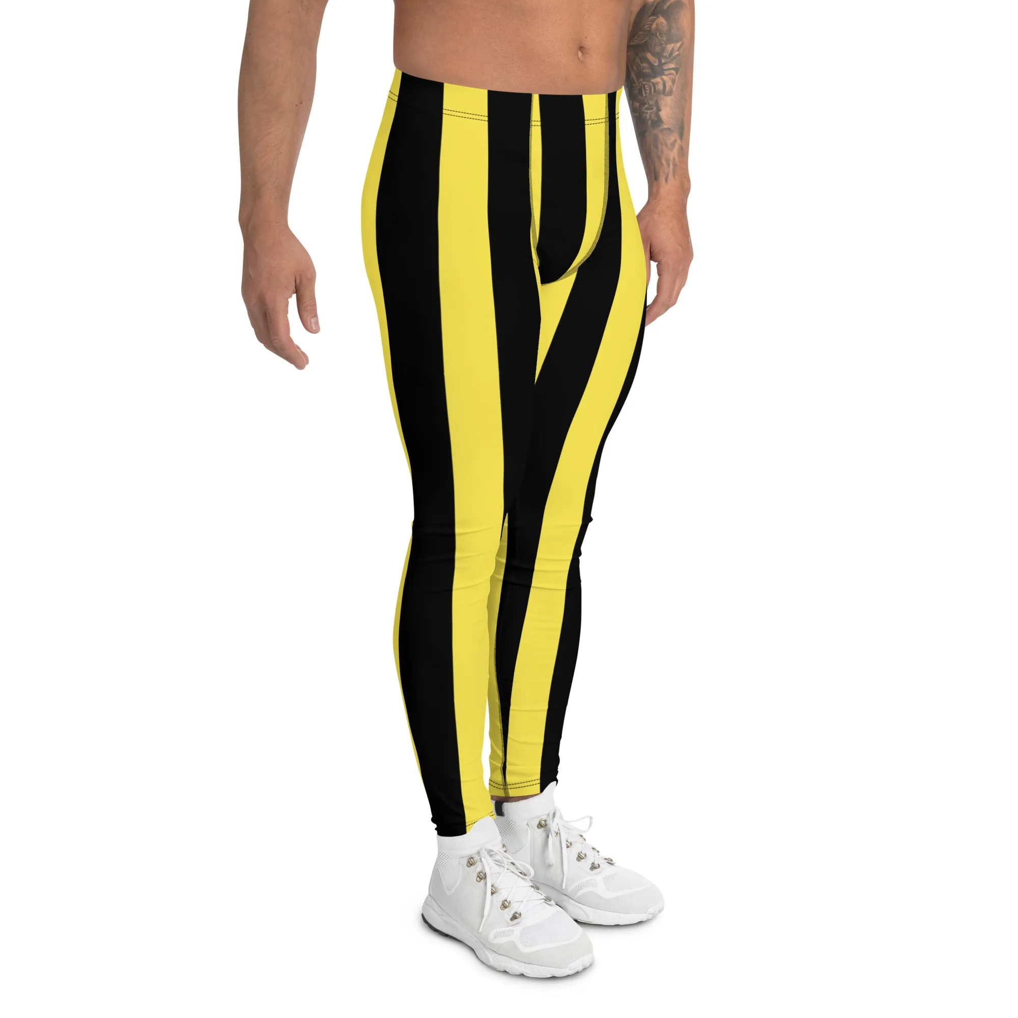 Black Yellow Stripes Men's Leggings, Colorful Patterned Designer Best Men's Leggings - Made in USA/EU/MX