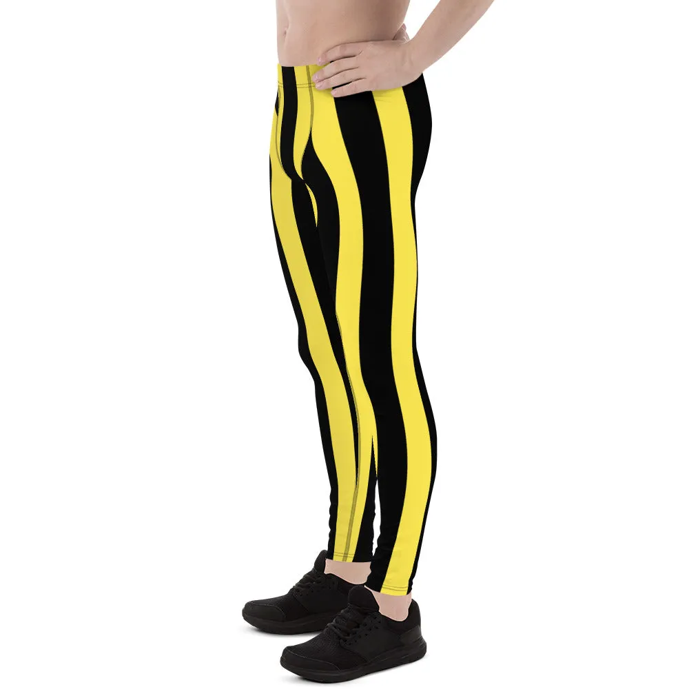 Black Yellow Stripes Men's Leggings, Colorful Patterned Designer Best Men's Leggings - Made in USA/EU/MX