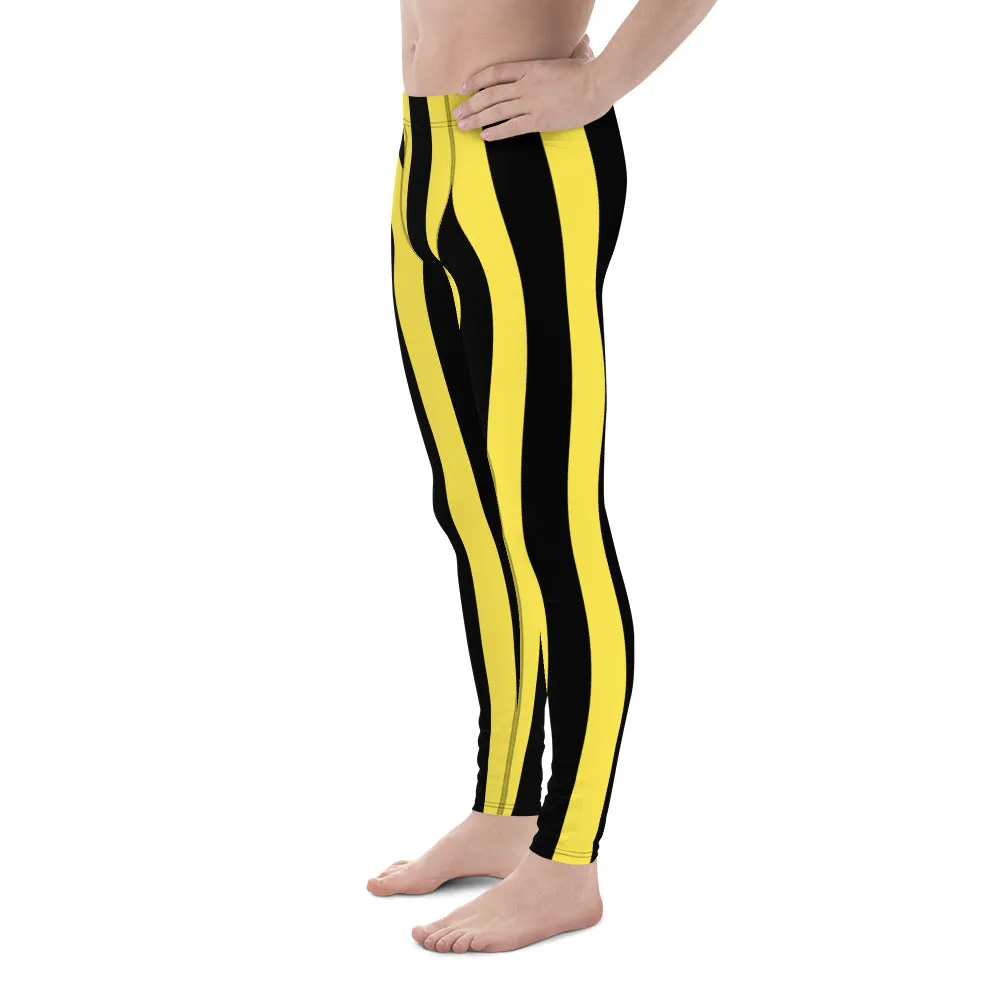 Black Yellow Stripes Men's Leggings, Colorful Patterned Designer Best Men's Leggings - Made in USA/EU/MX