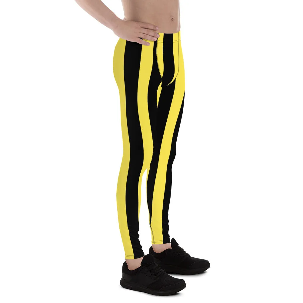 Black Yellow Stripes Men's Leggings, Colorful Patterned Designer Best Men's Leggings - Made in USA/EU/MX