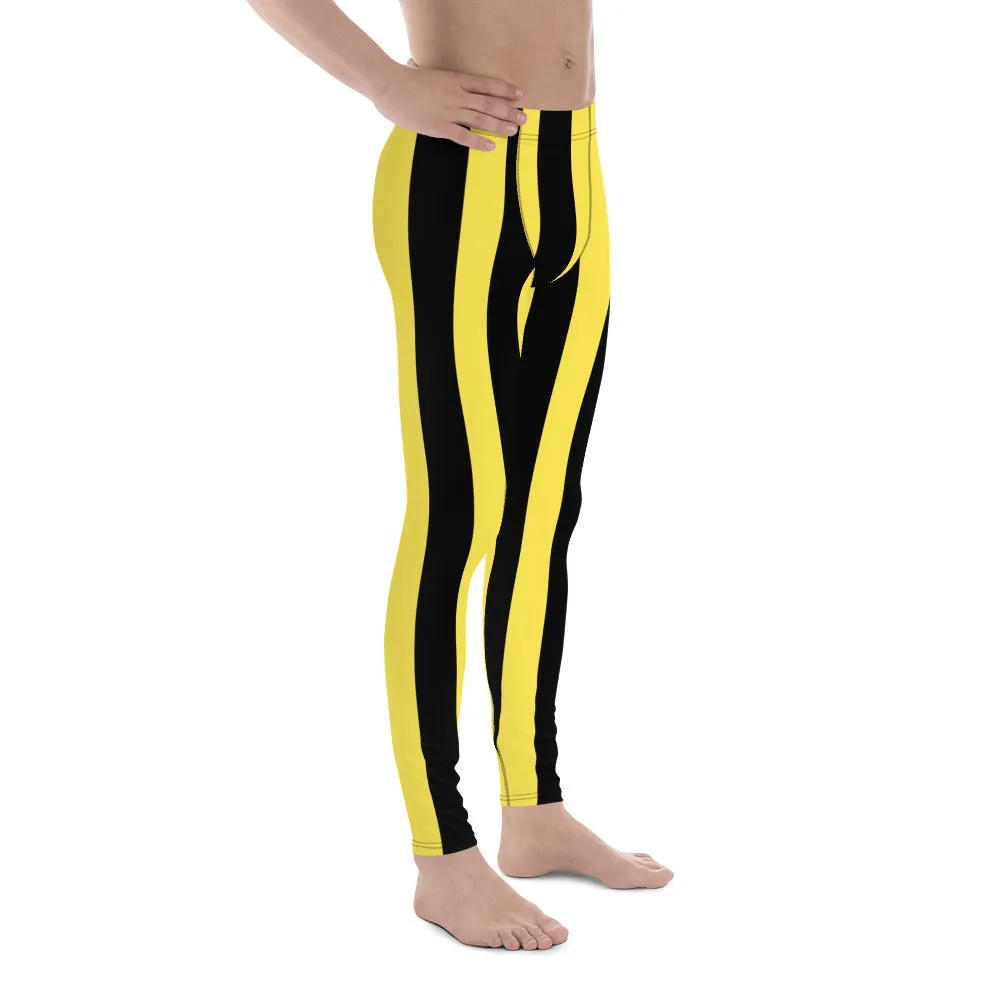 Black Yellow Stripes Men's Leggings, Colorful Patterned Designer Best Men's Leggings - Made in USA/EU/MX