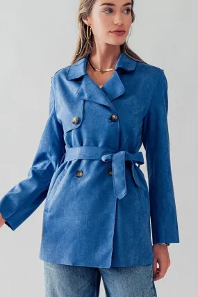 Blue Double Breasted Soft Suede Trench Coat