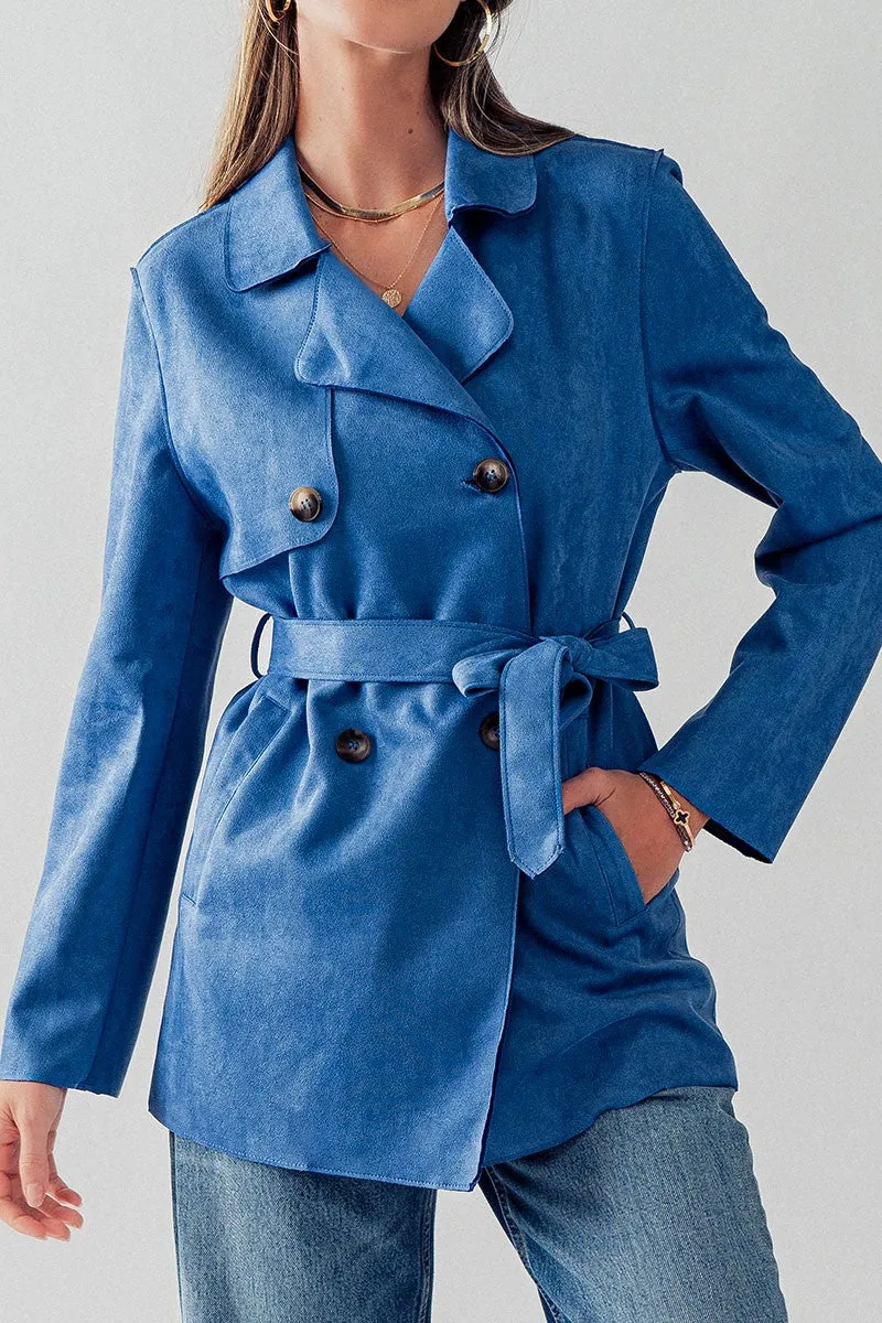 Blue Double Breasted Soft Suede Trench Coat