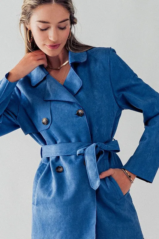 Blue Double Breasted Soft Suede Trench Coat