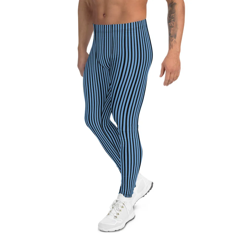 Blue Striped Men's Leggings, Vertical Stripes Modern Meggings Tights-Made in USA/EU/MX