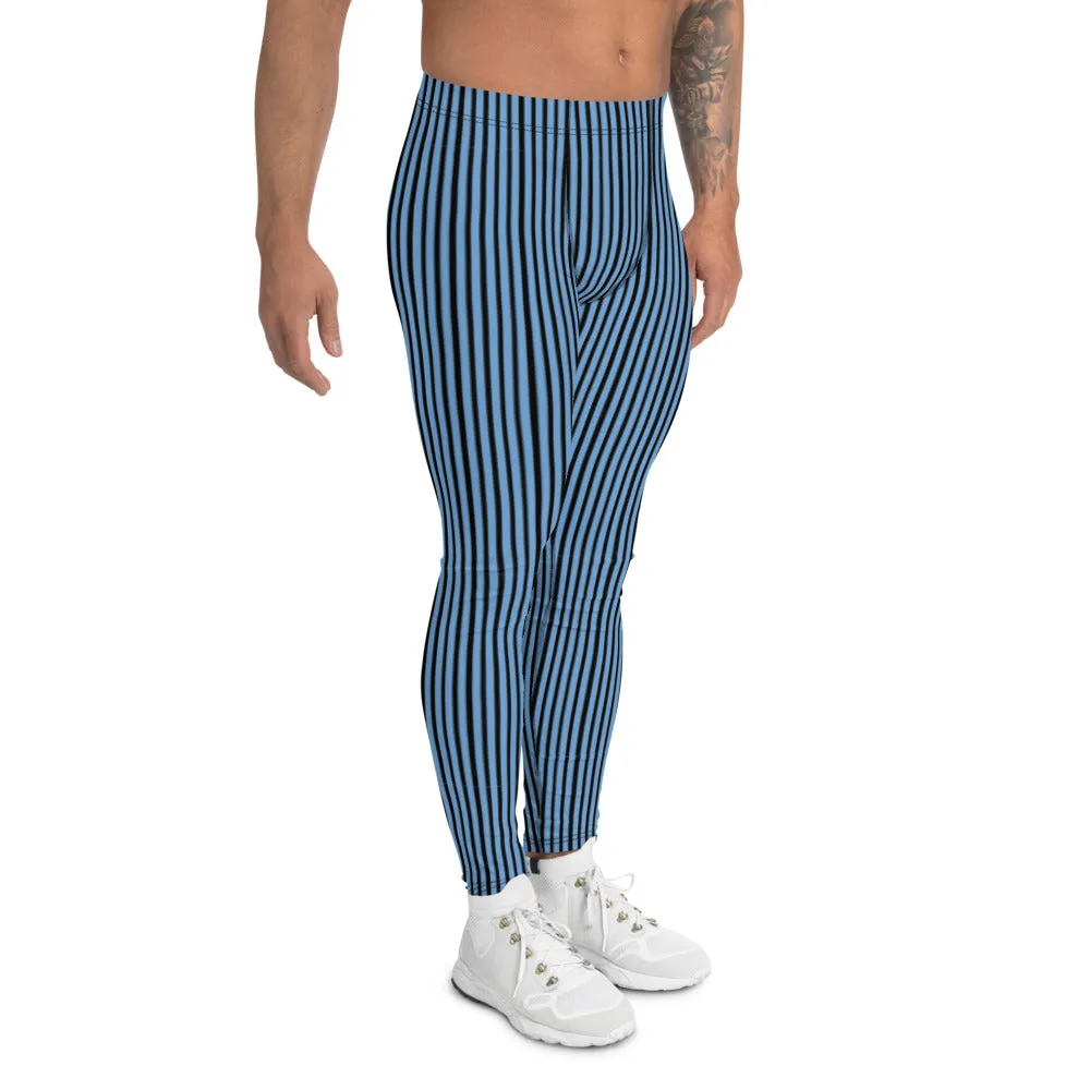 Blue Striped Men's Leggings, Vertical Stripes Modern Meggings Tights-Made in USA/EU/MX