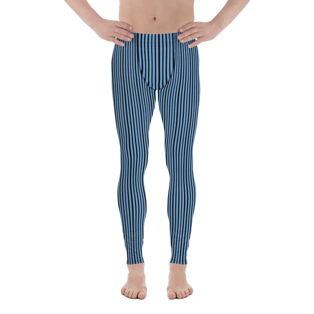 Blue Striped Men's Leggings, Vertical Stripes Modern Meggings Tights-Made in USA/EU/MX