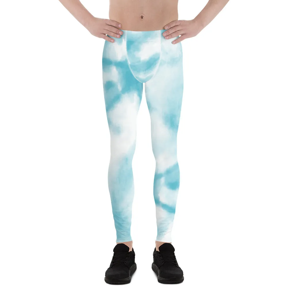 Blue Tie Dye Meggings, Designer Abstract Pastel Men's Leggings Compression Tights For Men - Made in USA/EU/MX