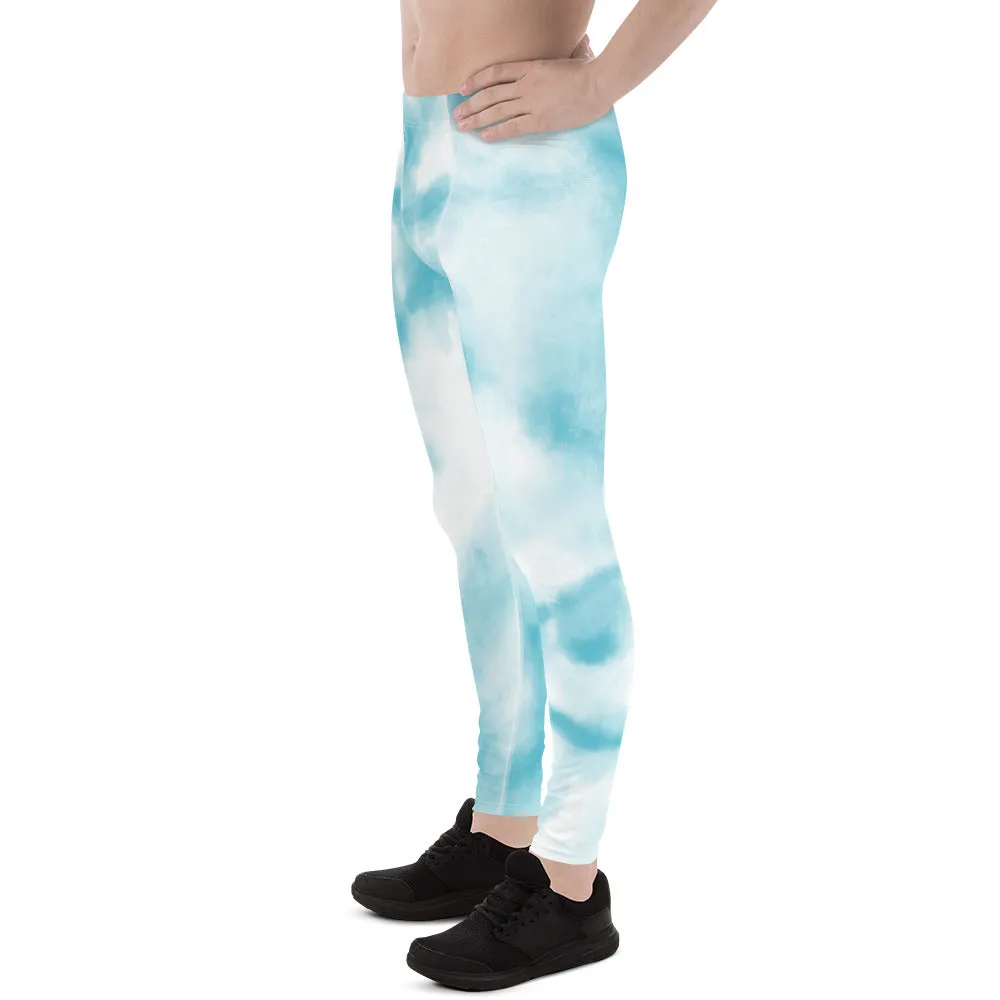 Blue Tie Dye Meggings, Designer Abstract Pastel Men's Leggings Compression Tights For Men - Made in USA/EU/MX