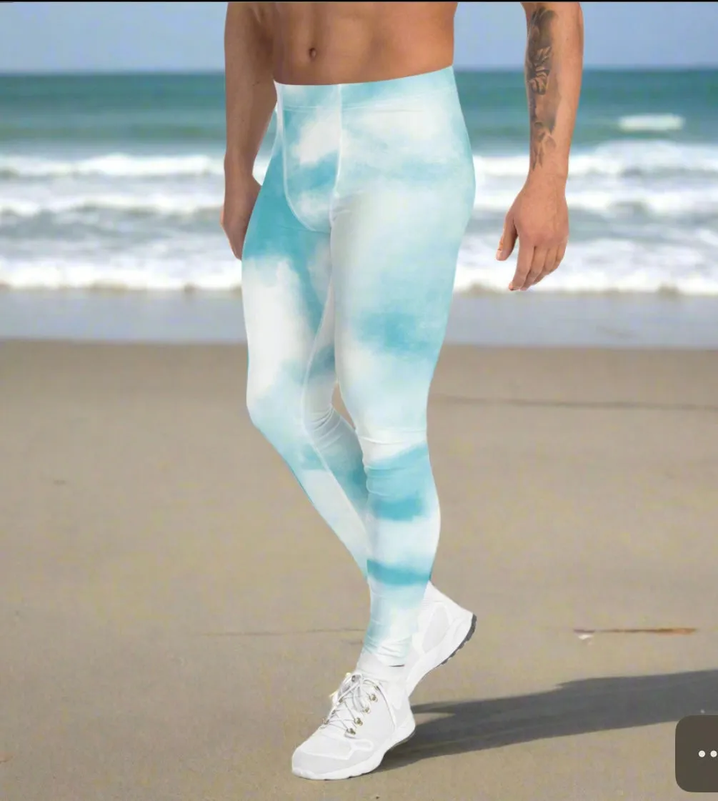 Blue Tie Dye Meggings, Designer Abstract Pastel Men's Leggings Compression Tights For Men - Made in USA/EU/MX