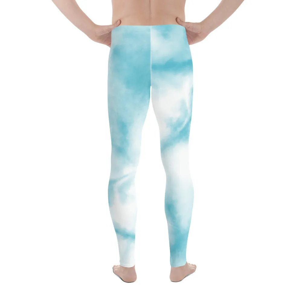 Blue Tie Dye Meggings, Designer Abstract Pastel Men's Leggings Compression Tights For Men - Made in USA/EU/MX