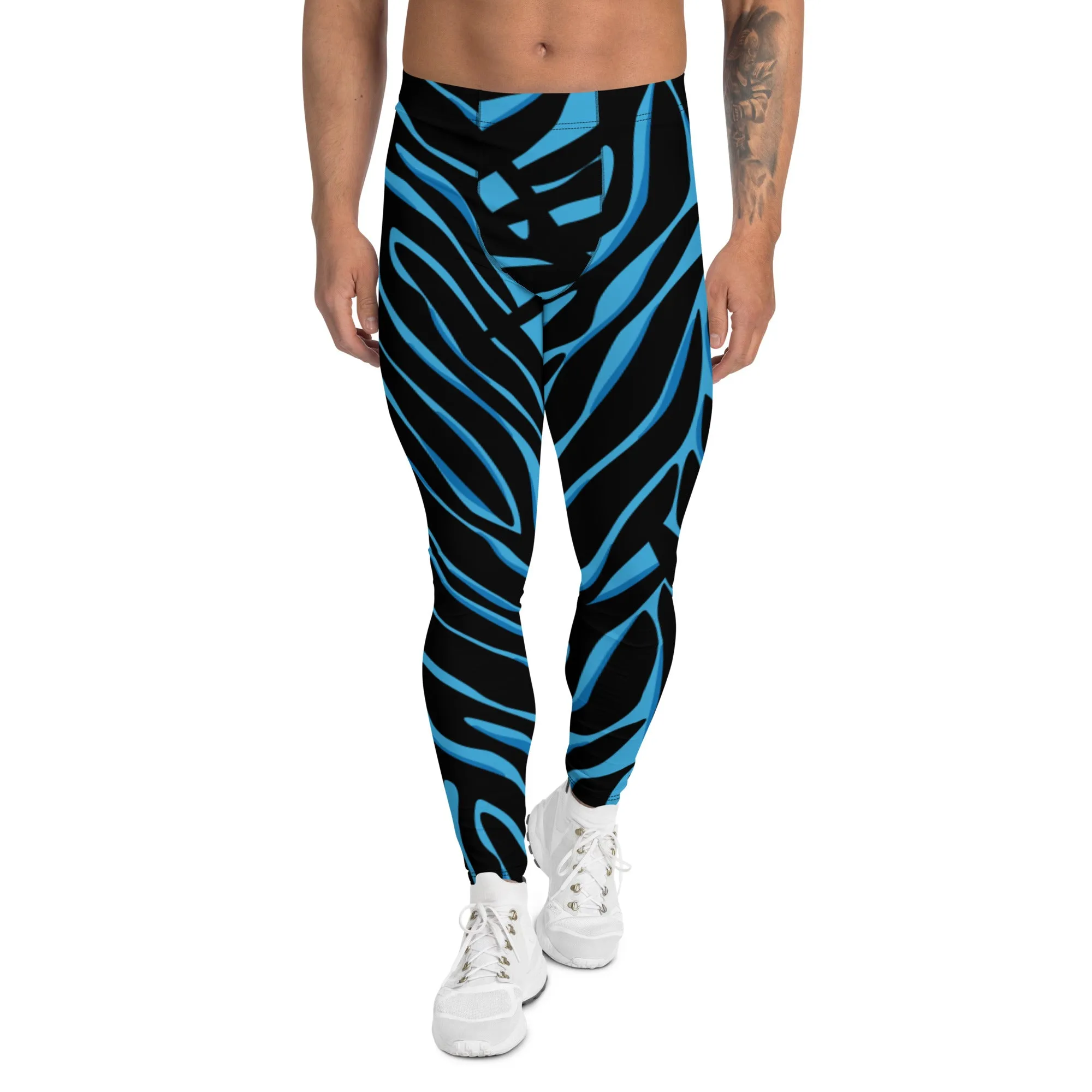 Blue Tiger Striped Men's Leggings, Blue Tiger Leggings, Blue Tiger Pants For Men - Made in USA/EU/MX