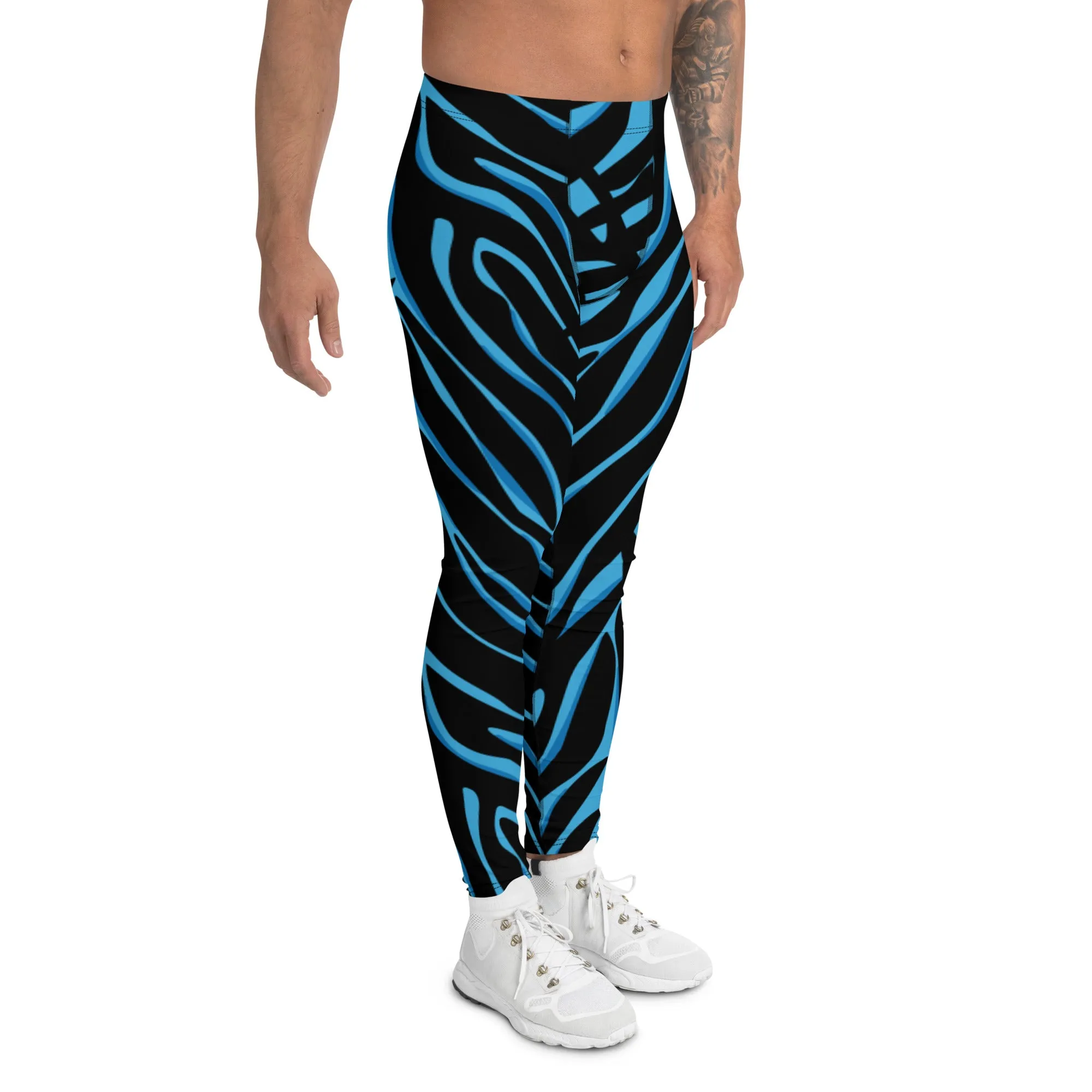 Blue Tiger Striped Men's Leggings, Blue Tiger Leggings, Blue Tiger Pants For Men - Made in USA/EU/MX