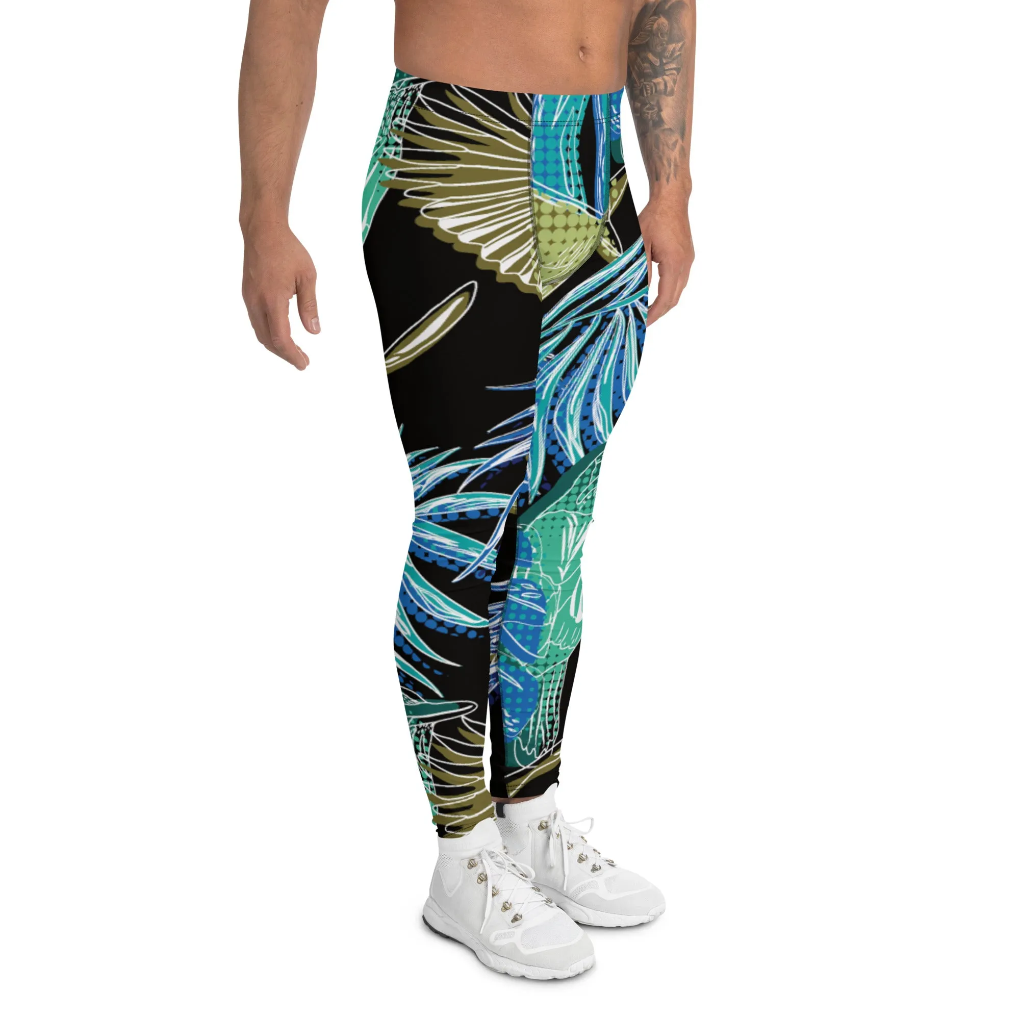 Blue Tropical Leaves Men's Leggings, Tropical Leaves Print Designer Running Compression Tights For Men - Made in USA/EU/MX