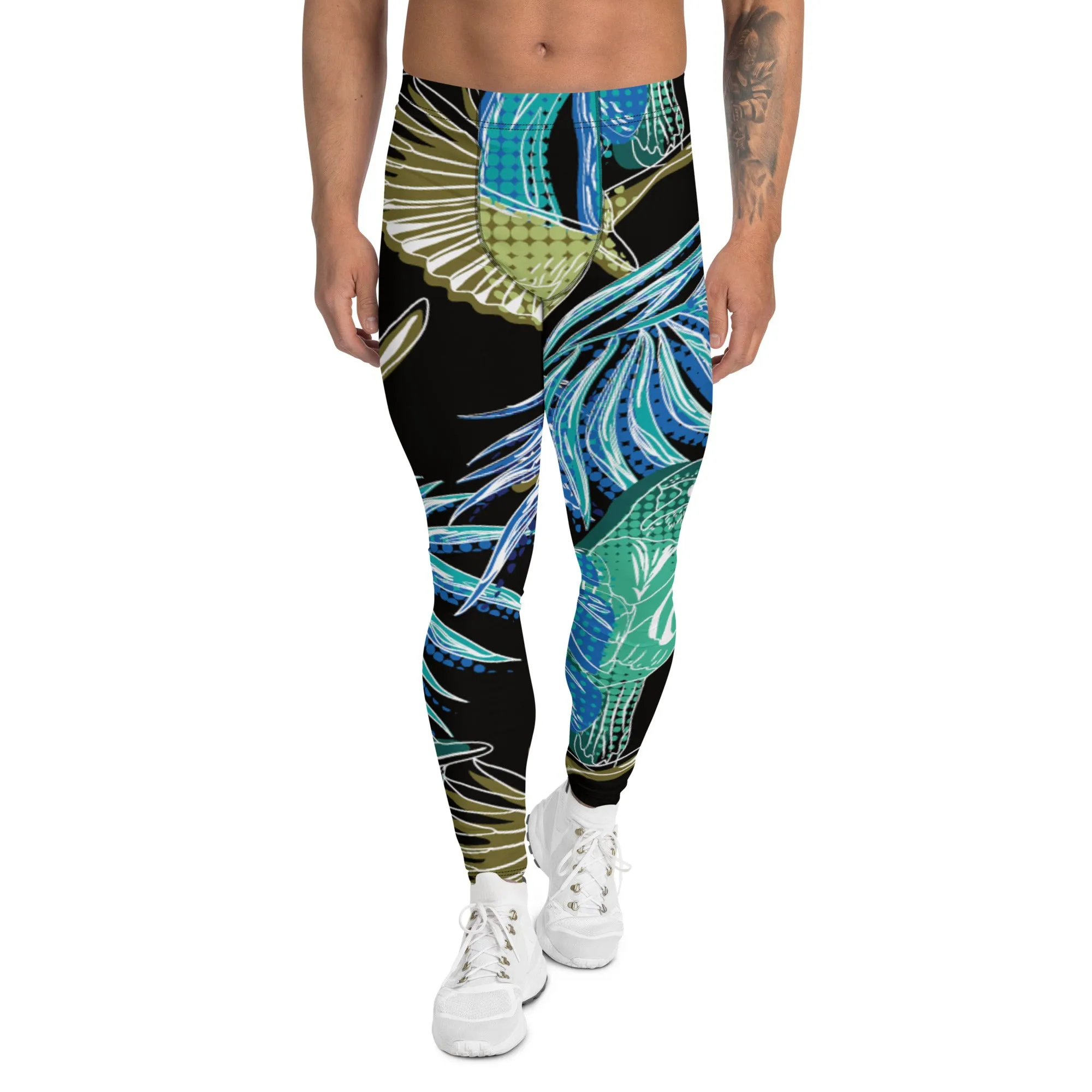 Blue Tropical Leaves Men's Leggings, Tropical Leaves Print Designer Running Compression Tights For Men - Made in USA/EU/MX