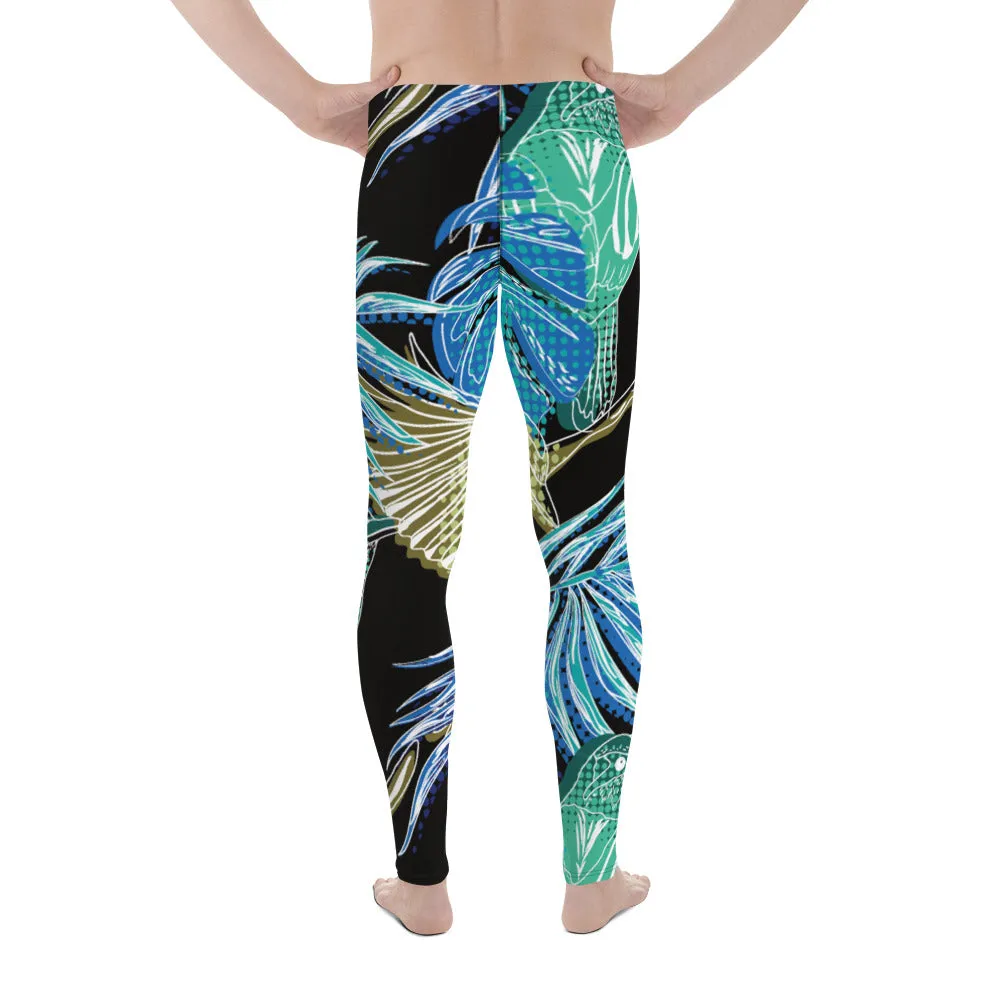 Blue Tropical Leaves Men's Leggings, Tropical Leaves Print Designer Running Compression Tights For Men - Made in USA/EU/MX