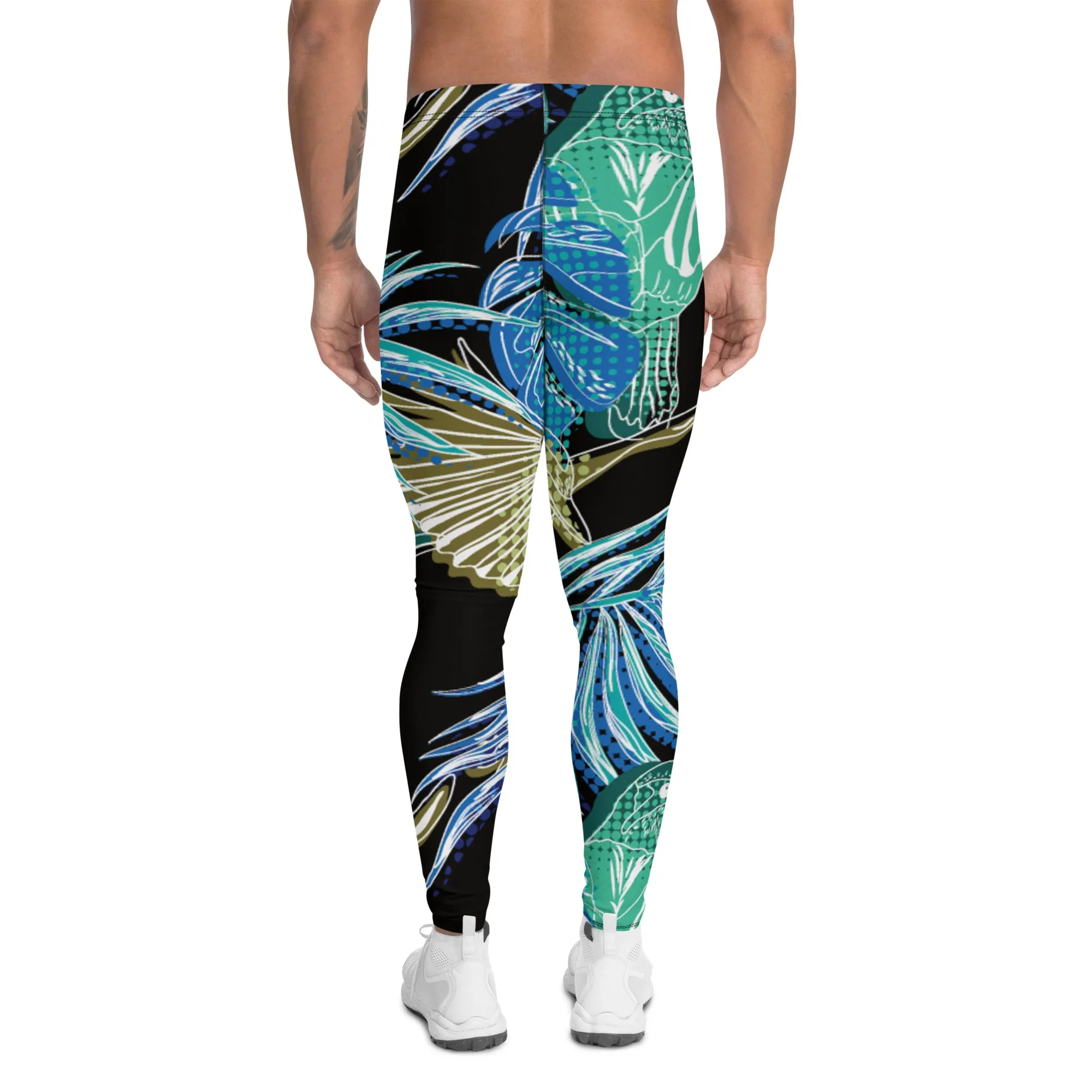 Blue Tropical Leaves Men's Leggings, Tropical Leaves Print Designer Running Compression Tights For Men - Made in USA/EU/MX