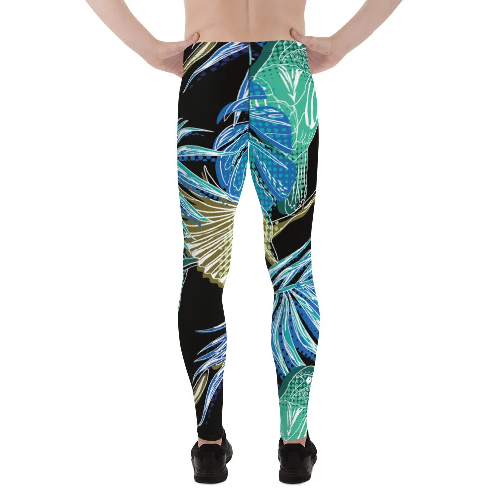 Blue Tropical Leaves Men's Leggings, Tropical Leaves Print Designer Running Compression Tights For Men - Made in USA/EU/MX