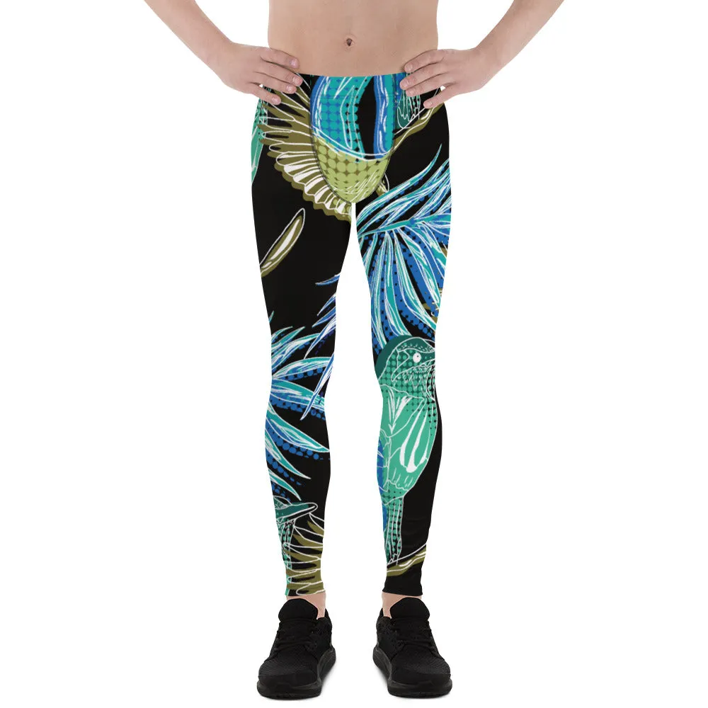 Blue Tropical Leaves Men's Leggings, Tropical Leaves Print Designer Running Compression Tights For Men - Made in USA/EU/MX