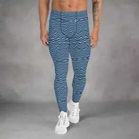 Blue Wave Print Men's Leggings, Abstract Curves Meggings Compression Tights-Made in USA/EU/MX