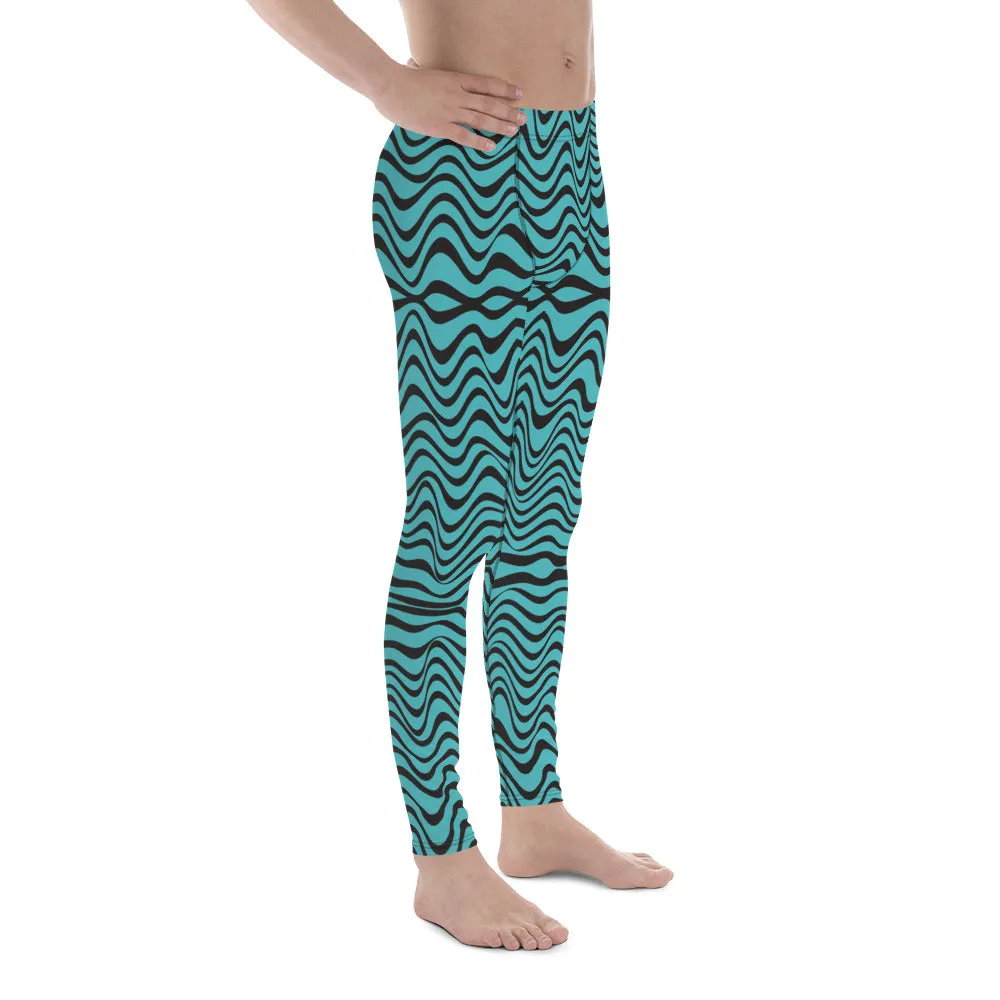 Blue Wavy Men's Leggings, Great Wave Abstract Pattern Yoga Leggings-Made In USA/EU/MX