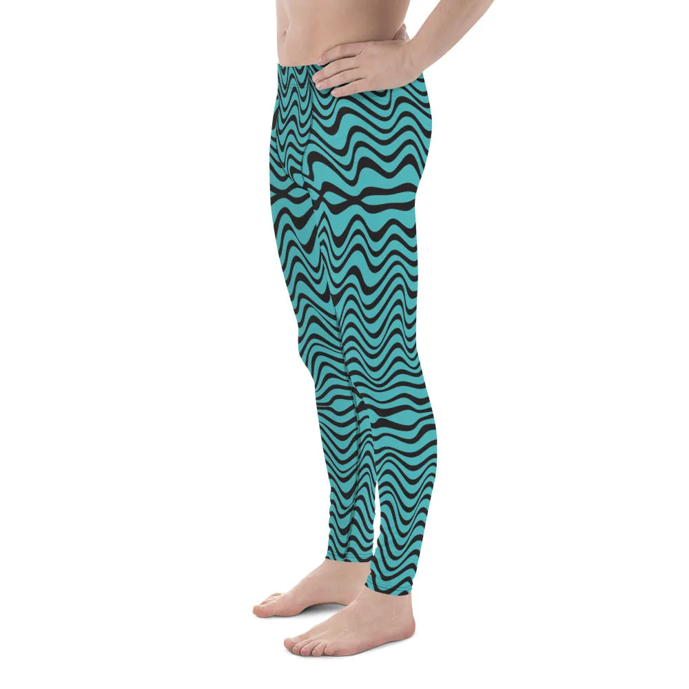 Blue Wavy Men's Leggings, Great Wave Abstract Pattern Yoga Leggings-Made In USA/EU/MX