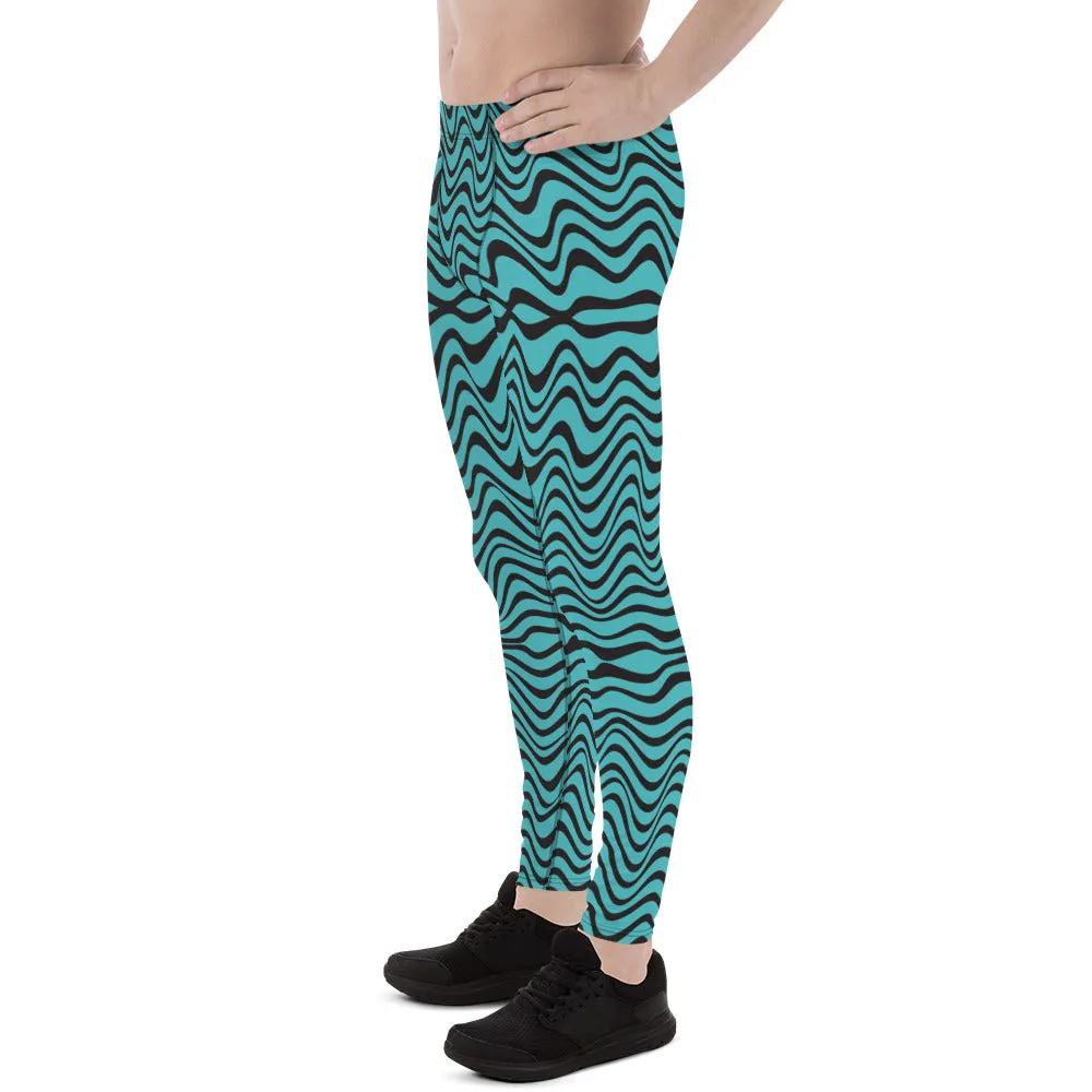 Blue Wavy Men's Leggings, Great Wave Abstract Pattern Yoga Leggings-Made In USA/EU/MX