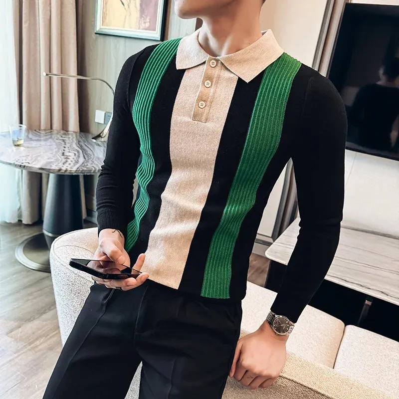 Bonsir Autumn Winter Men's Knitted Polo Shirts Luxury Long Sleeve Stripe Business Casual Zipper T-shirts Fashion Slim Fit Man Sweater