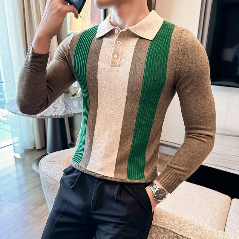 Bonsir Autumn Winter Men's Knitted Polo Shirts Luxury Long Sleeve Stripe Business Casual Zipper T-shirts Fashion Slim Fit Man Sweater