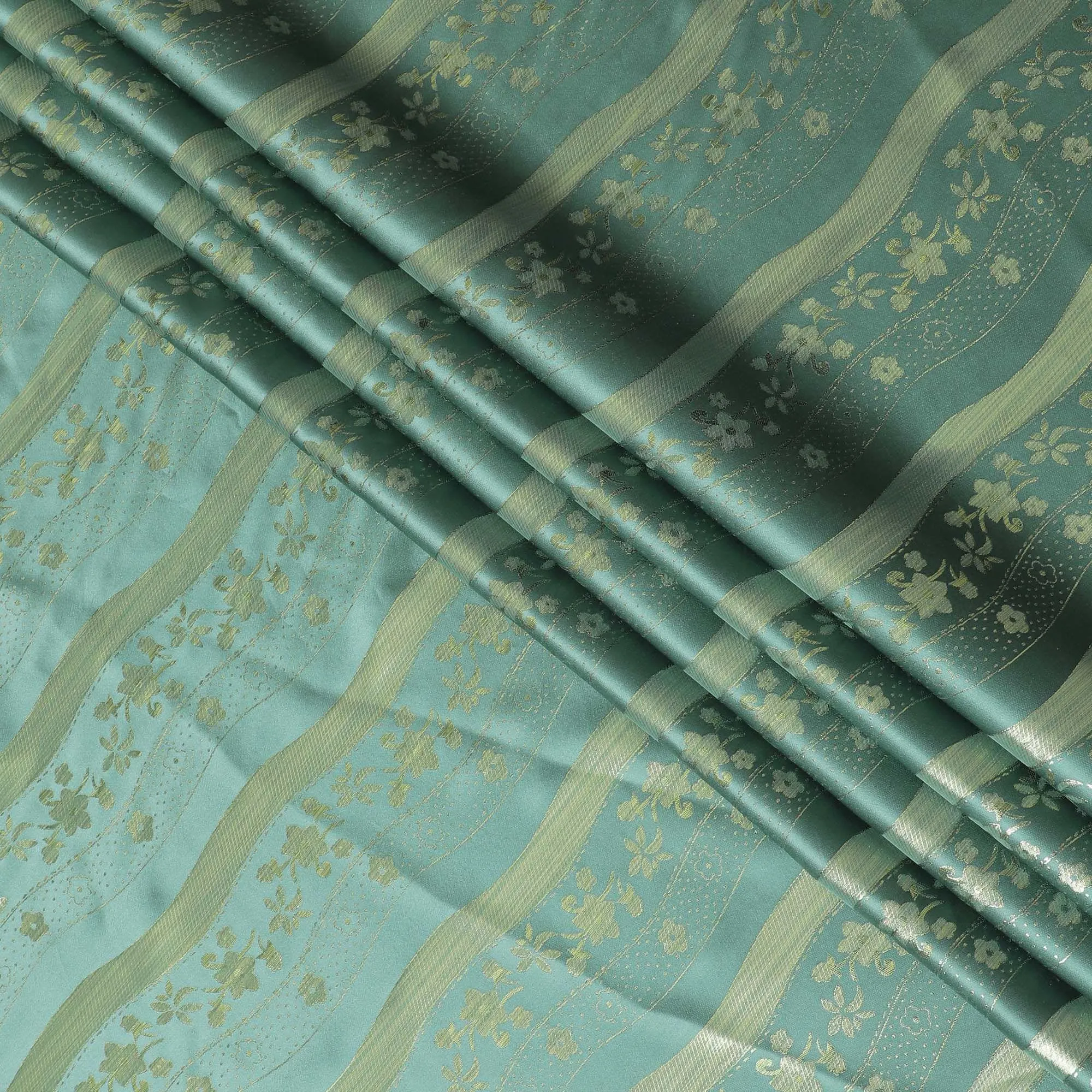 Bottle green pure silk satin fabric with same tone and gold film metallic in stripe design-D11050