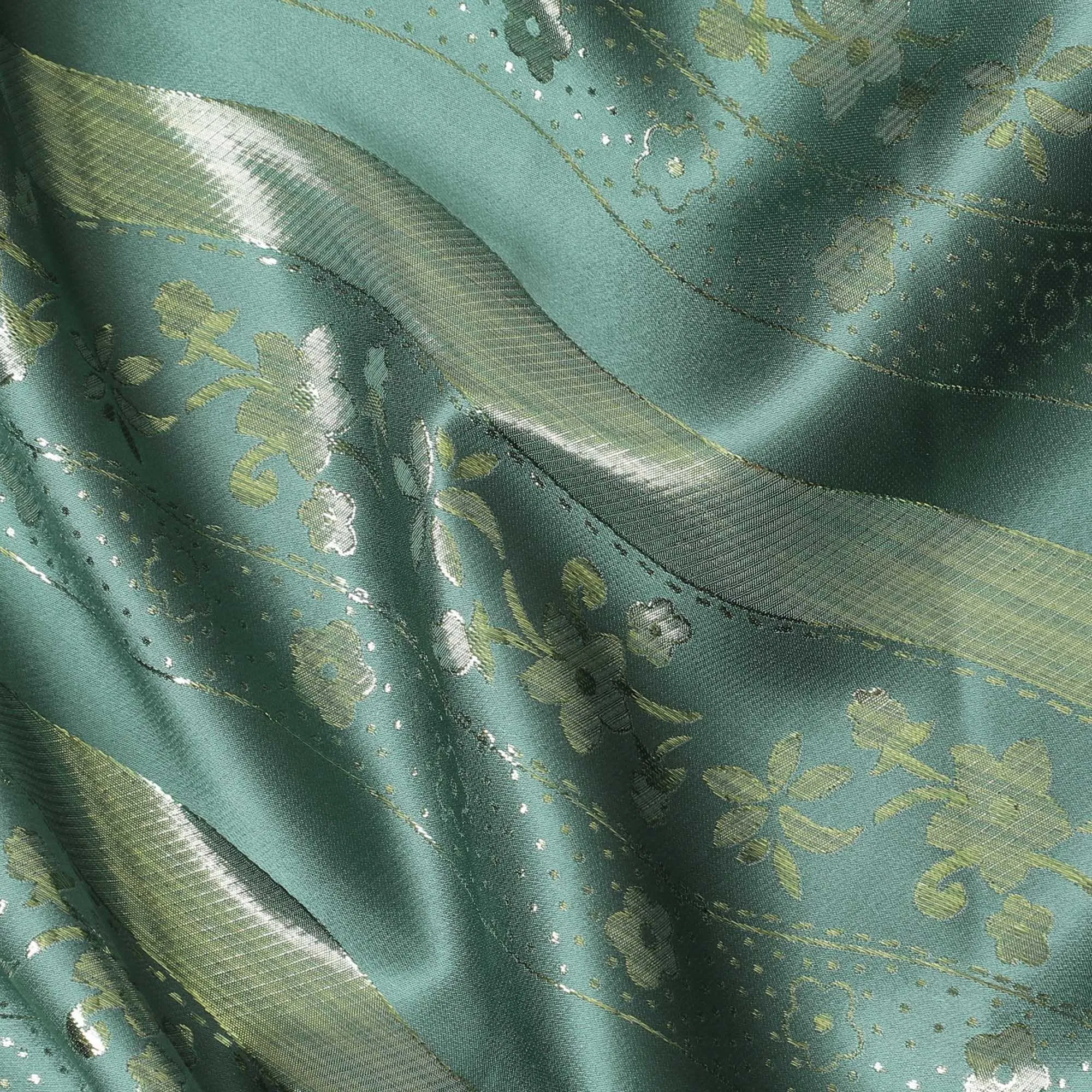 Bottle green pure silk satin fabric with same tone and gold film metallic in stripe design-D11050