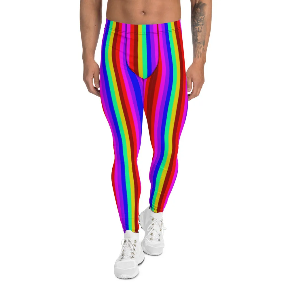 Bright Rainbow Men's Leggings, Colorful Gay Pride Festival Parade Tights-Made in USA/EU/MX