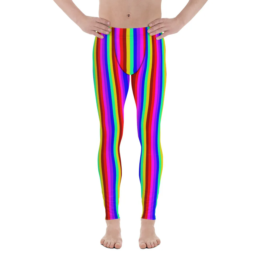 Bright Rainbow Men's Leggings, Colorful Gay Pride Festival Parade Tights-Made in USA/EU/MX