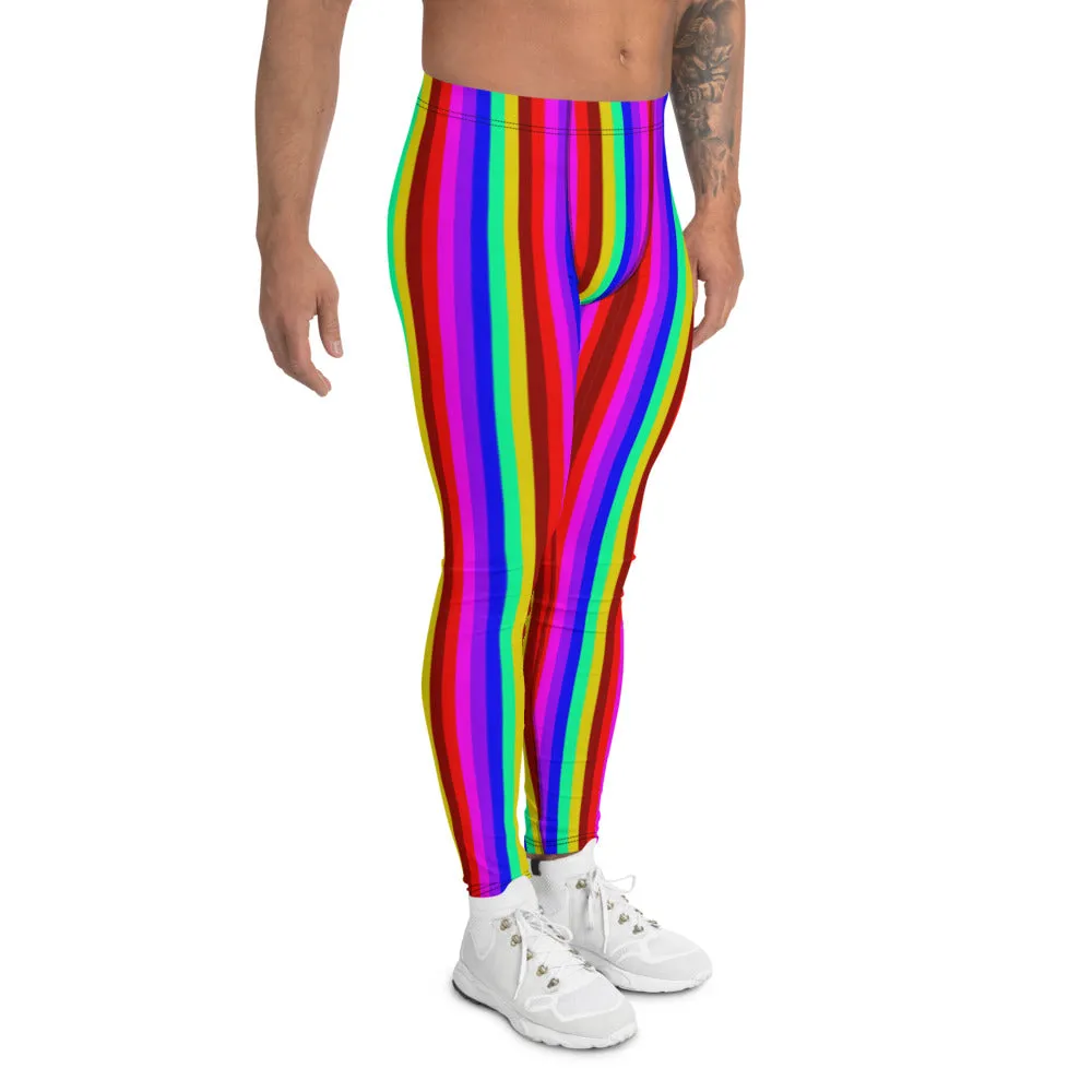 Bright Rainbow Men's Leggings, Colorful Gay Pride Festival Parade Tights-Made in USA/EU/MX