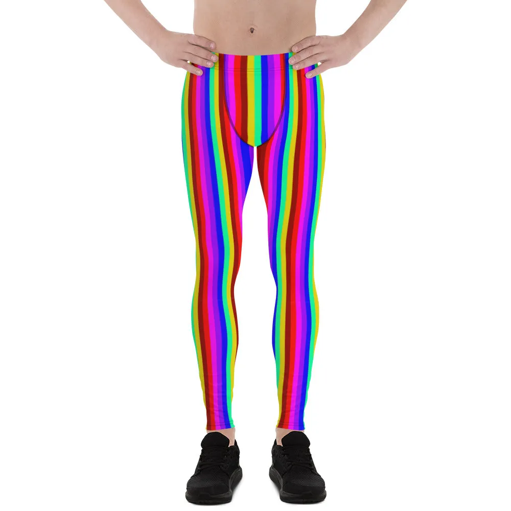 Bright Rainbow Men's Leggings, Colorful Gay Pride Festival Parade Tights-Made in USA/EU/MX