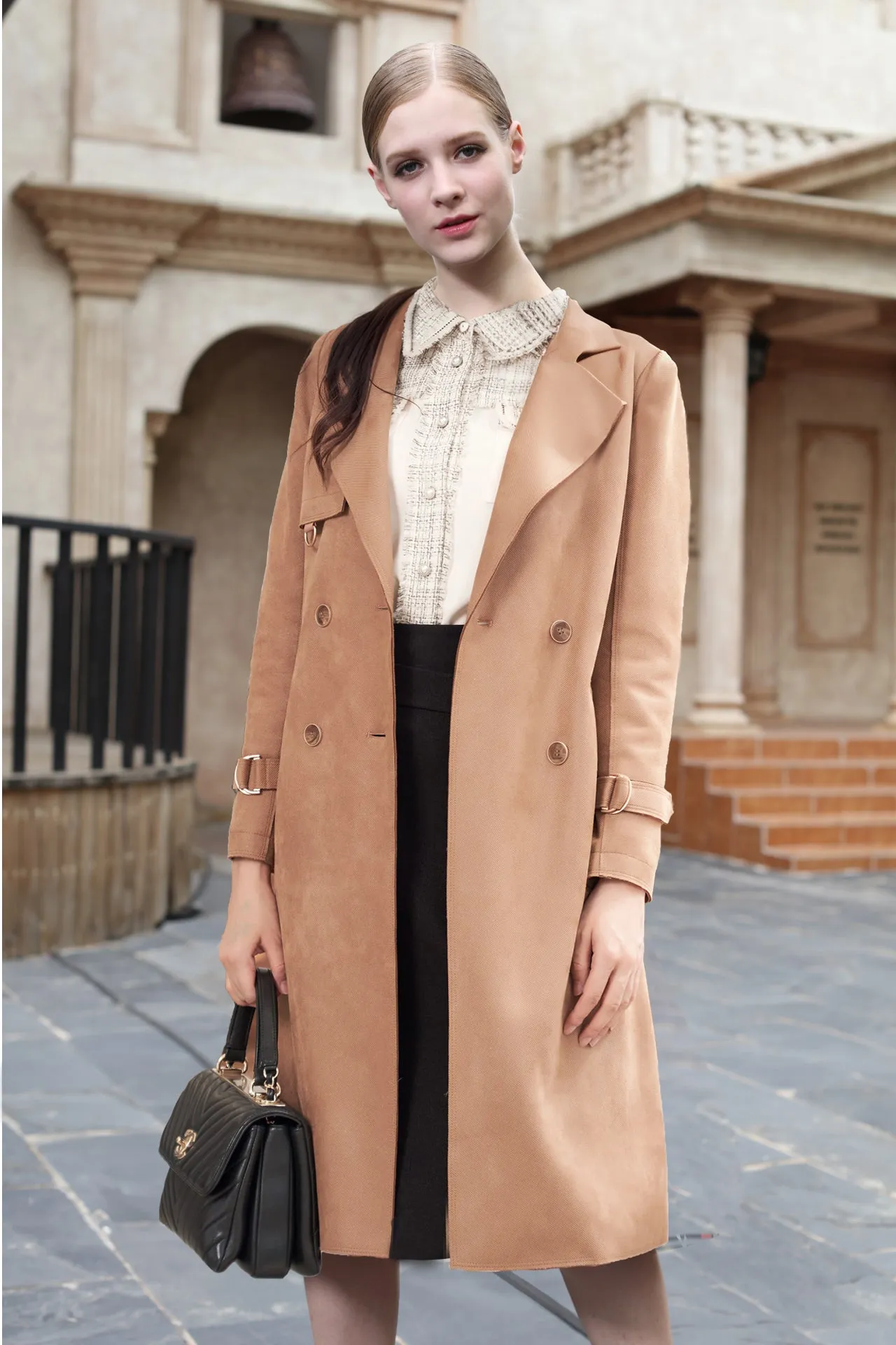 Camel Double-Breasted Belted Trench Coats