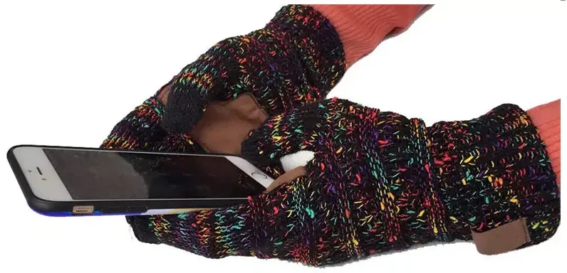 CC cable knit touch screen winter gloves with faux suede anti-slip palm pad