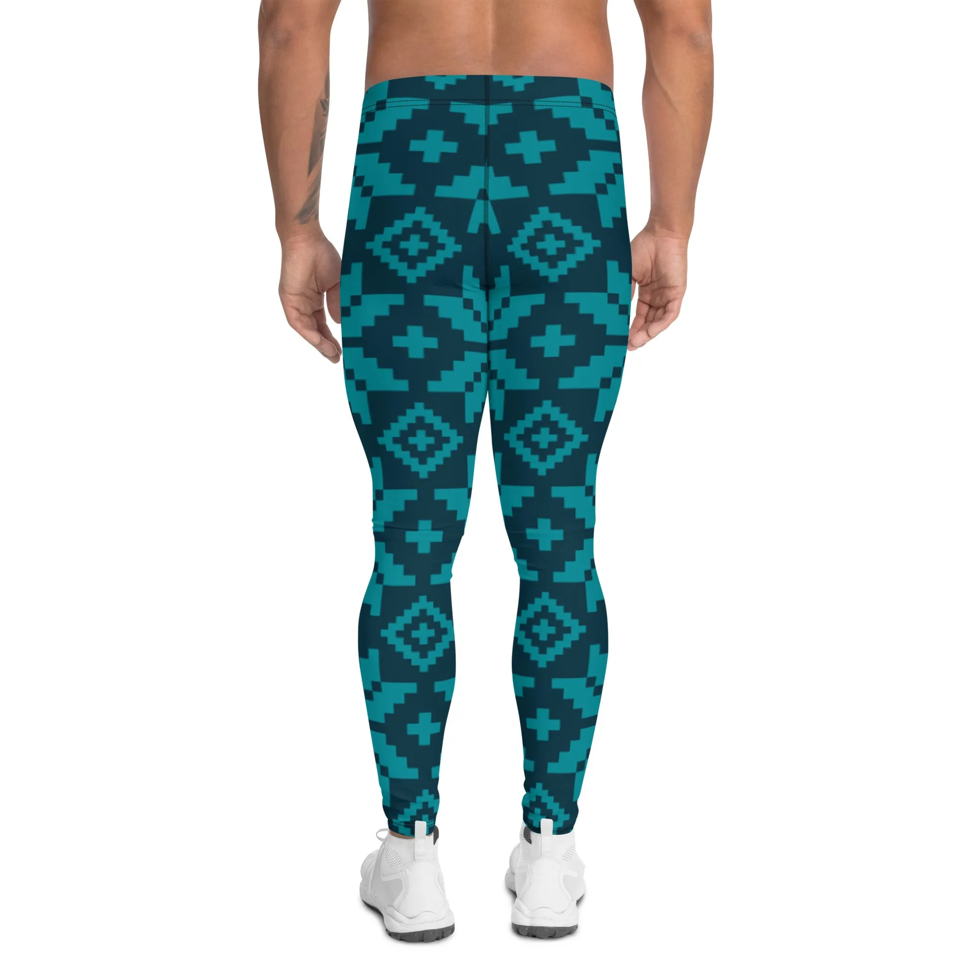 Christmas Style Blue Men's Leggings, Blue X'Mas Snowflake Pattern Festive Best Holiday Tights For Men - Made in USA/EU/MX