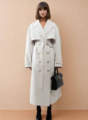 Classic Oversized Trench Coat with Pleated Detail in Light Beige