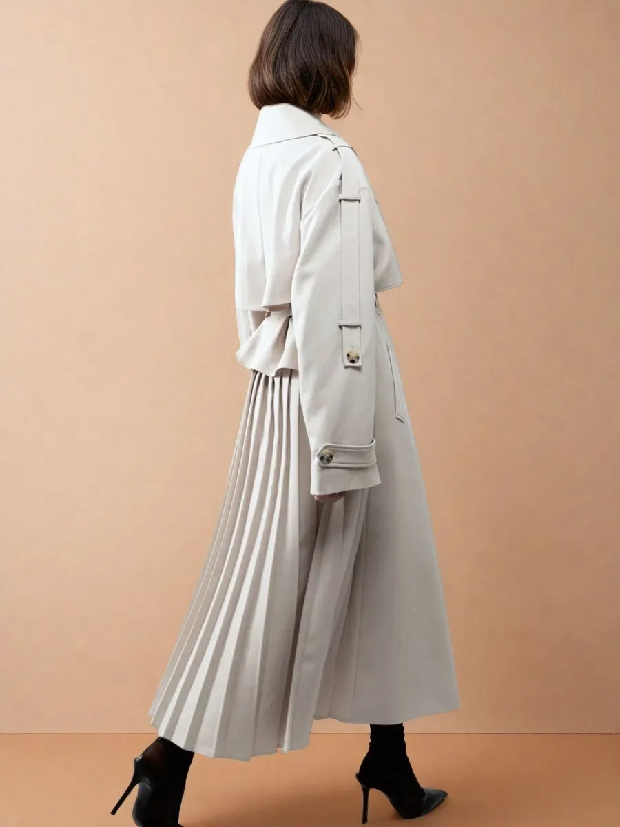 Classic Oversized Trench Coat with Pleated Detail in Light Beige