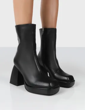 Clover Black Pu Platform Chunky Heel Ankle Boots