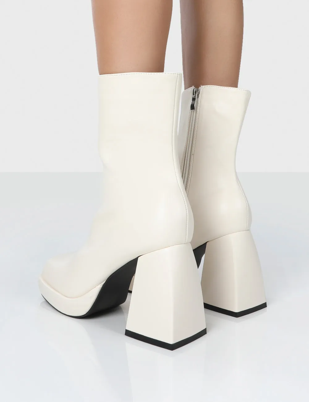 Clover Ecru Pu Platform Chunky Block Heel Ankle Boots