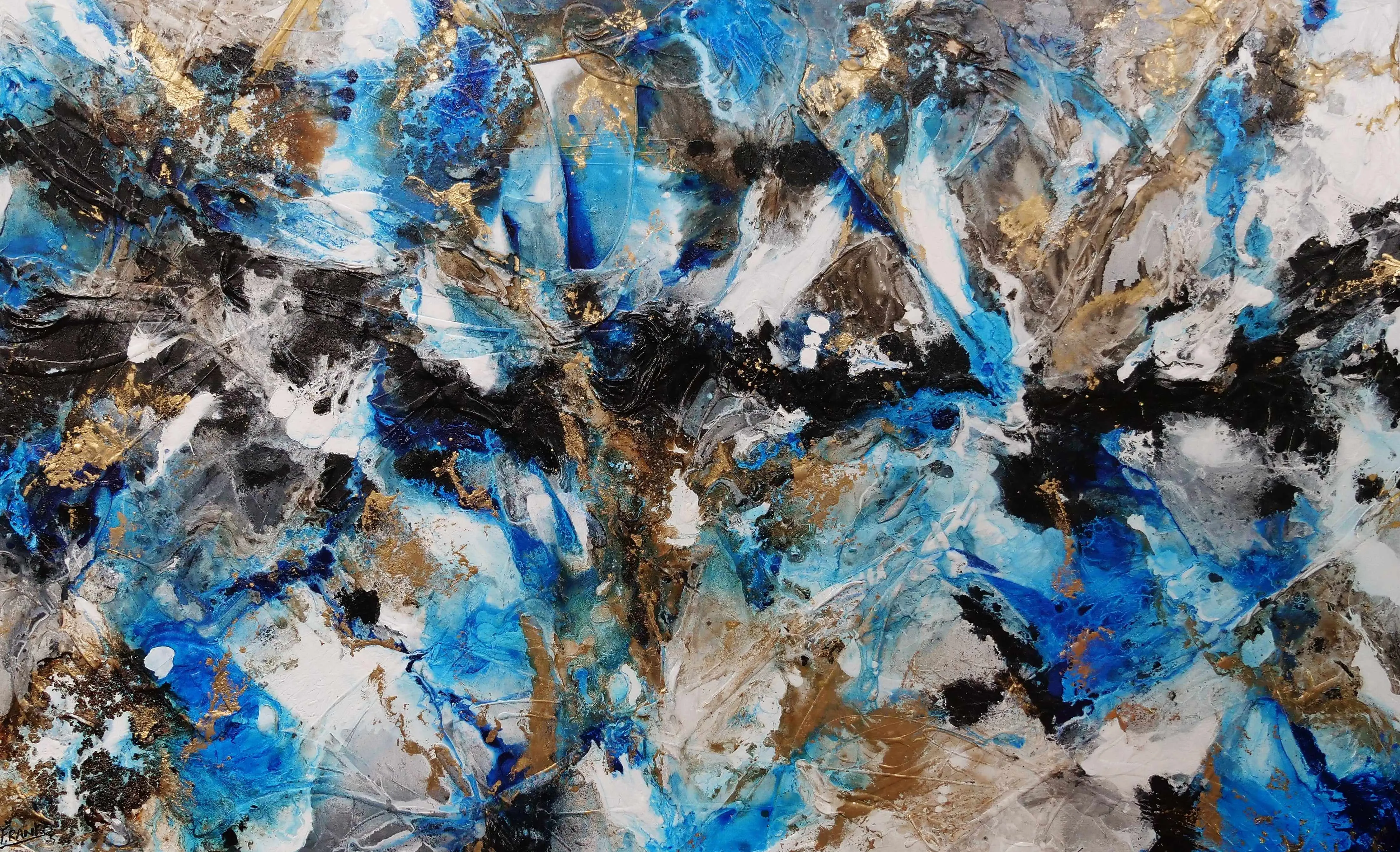 Coastal Grunge 250cm x 150cm Metallic Gold Blue Textured Abstract Painting (SOLD)