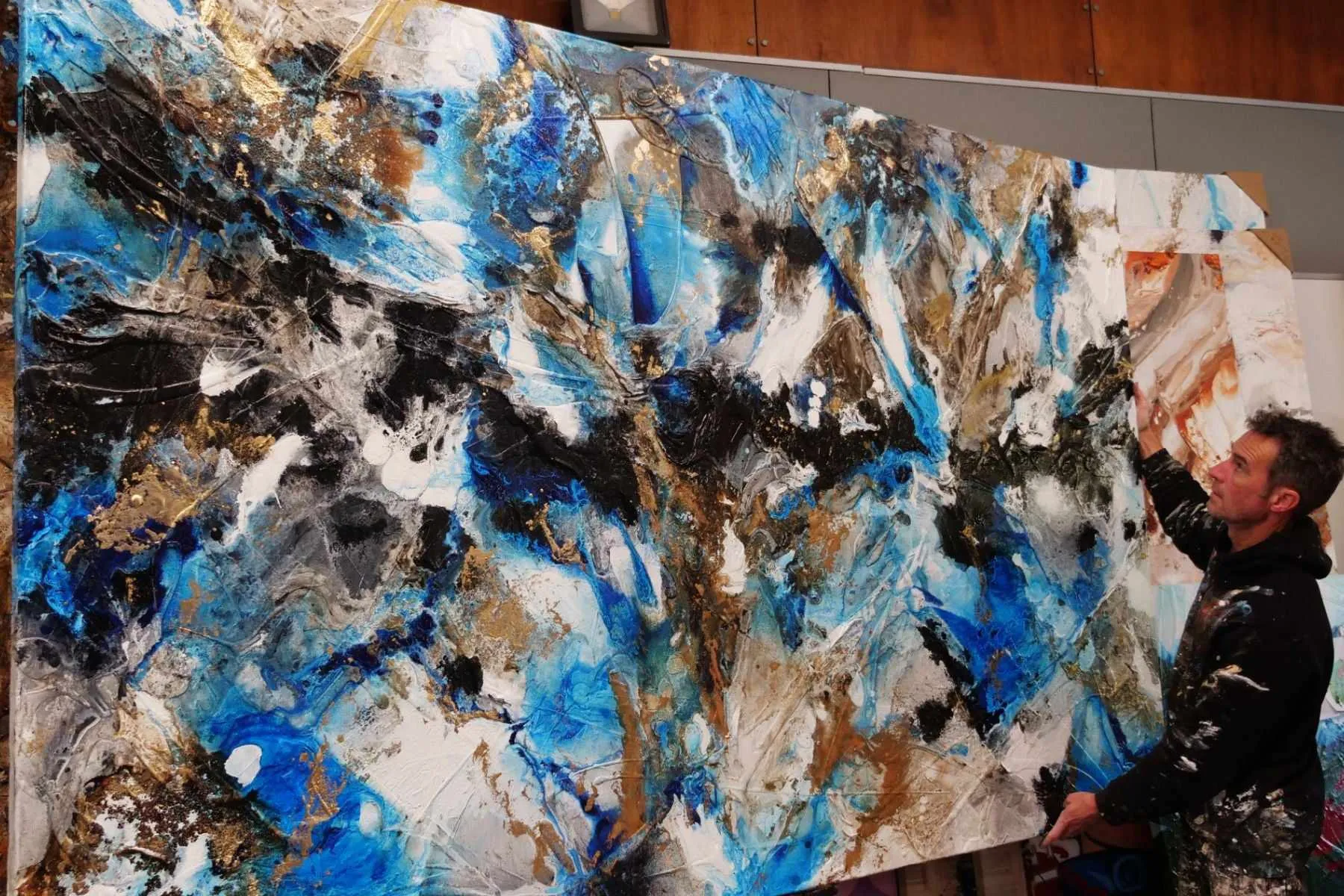 Coastal Grunge 250cm x 150cm Metallic Gold Blue Textured Abstract Painting (SOLD)