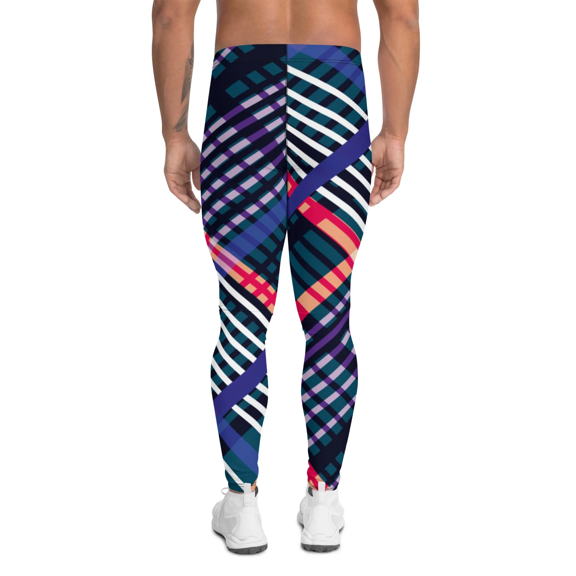 Colourful Plaid Printed Men's Leggings, Classic Tartan Plaid Print Meggings Compression Christmas Tights-Made in USA/EU/MX