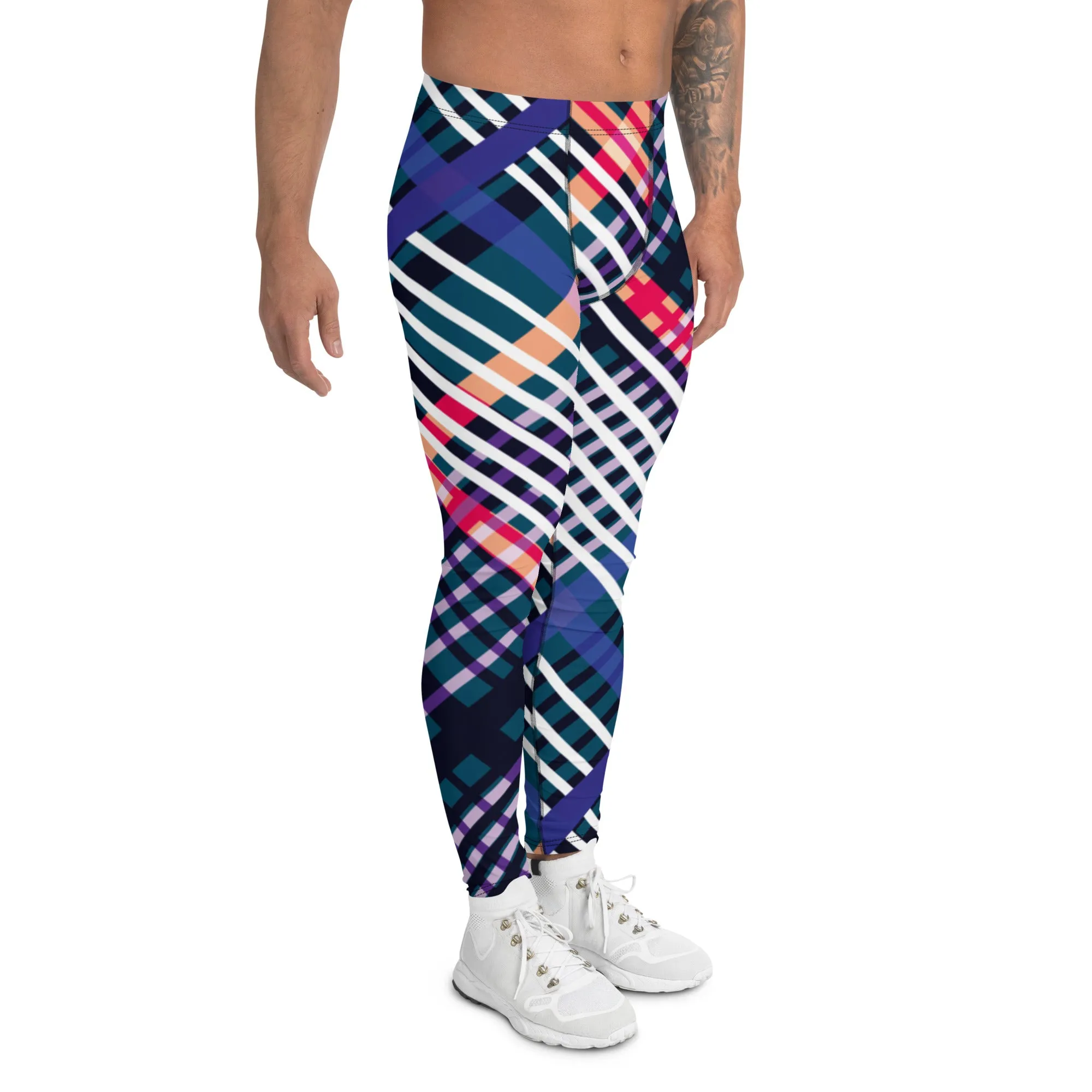 Colourful Plaid Printed Men's Leggings, Classic Tartan Plaid Print Meggings Compression Christmas Tights-Made in USA/EU/MX