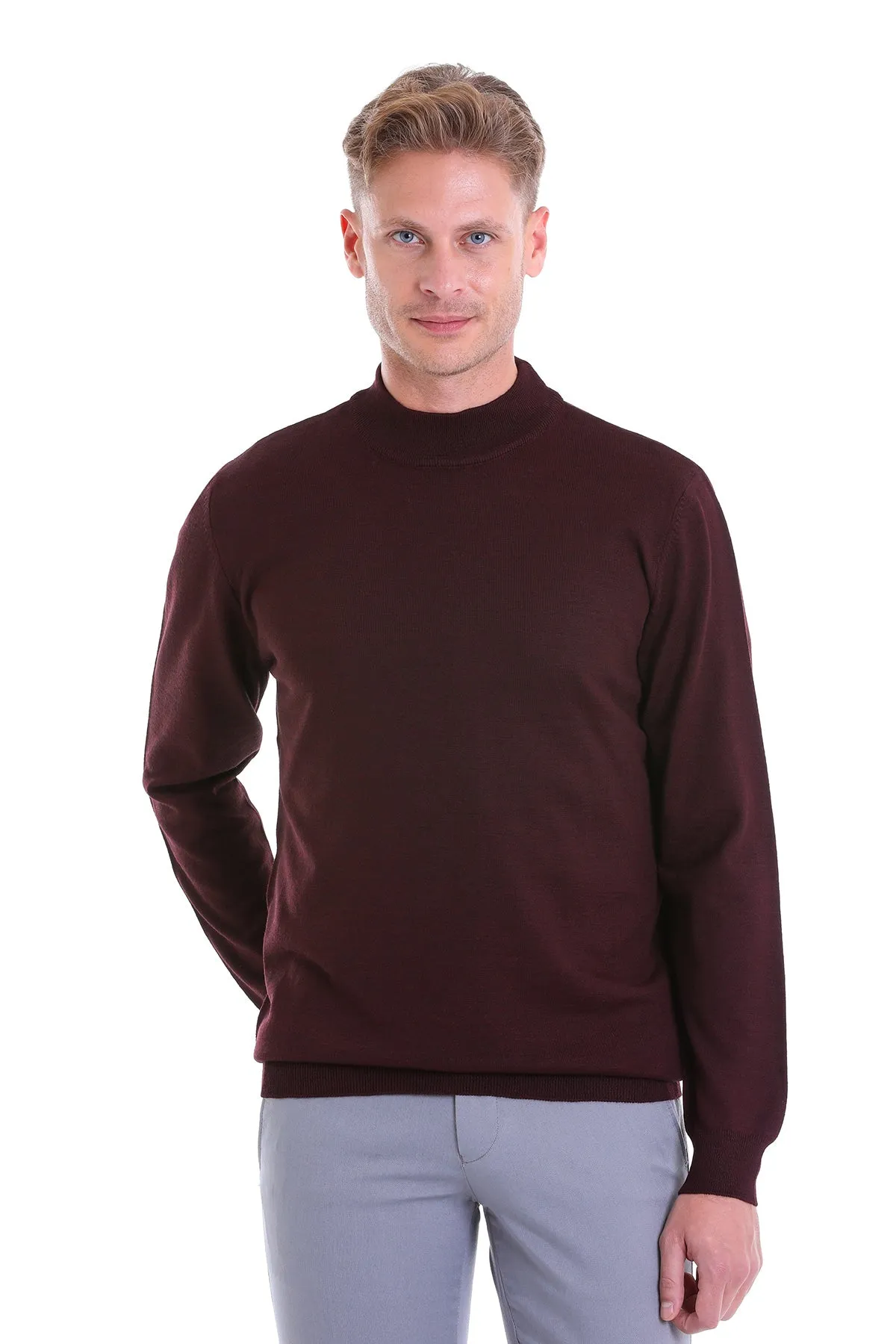 Comfort Fit Wool Blend Burgundy Mock Neck Sweater