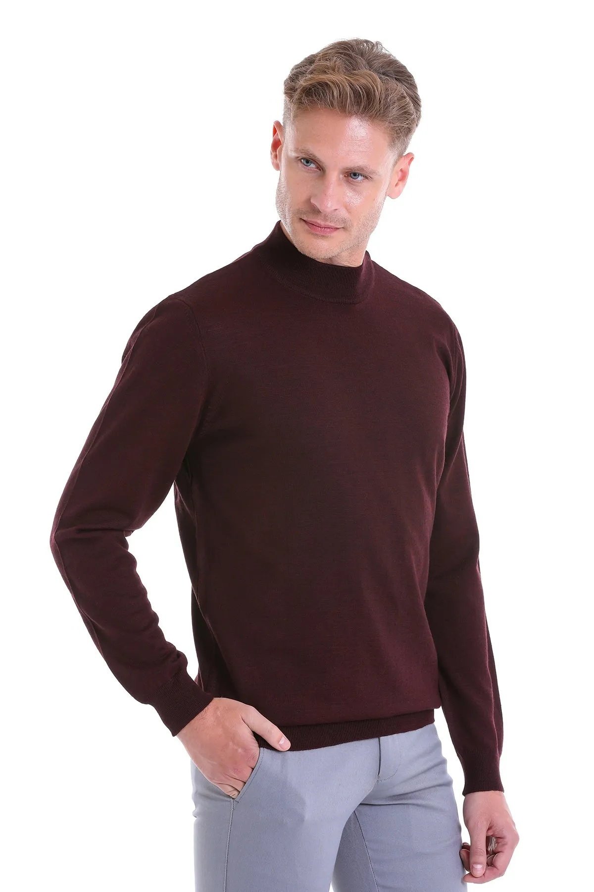 Comfort Fit Wool Blend Burgundy Mock Neck Sweater