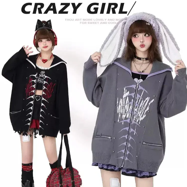 Crazy Girl Fantasy Skeleton Sailor Collar Gray Black Jacket Cardigan